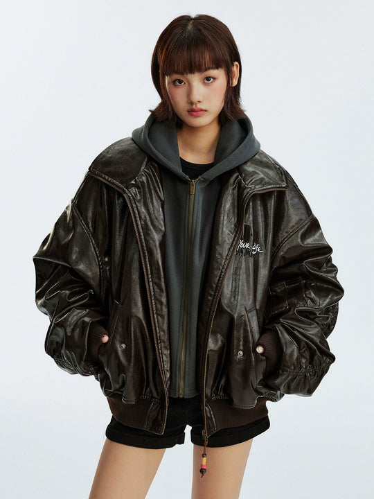 MEDM Layered Hood PU Leather Bomber Jacket | Face 3 Face