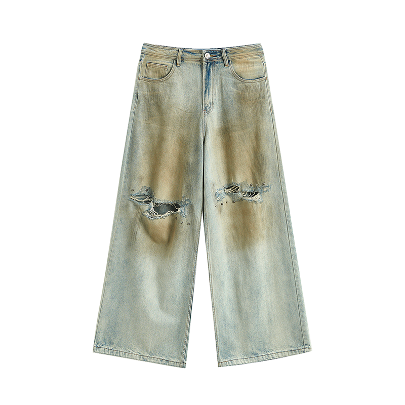 JHYQ Dirty Dye Ripped Rivets Diamonds Baggy Jeans | Face 3 Face