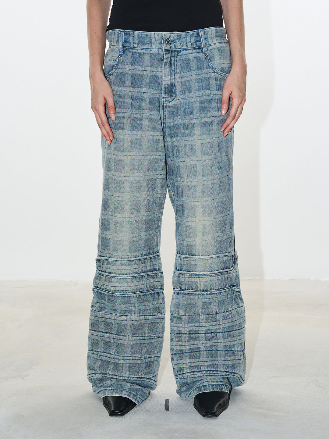 BLIND NO PLAN Plaid Patchwork Bootcut Washed Jeans | Face 3 Face