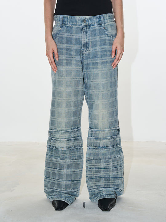 BLIND NO PLAN Plaid Patchwork Bootcut Washed Jeans | Face 3 Face