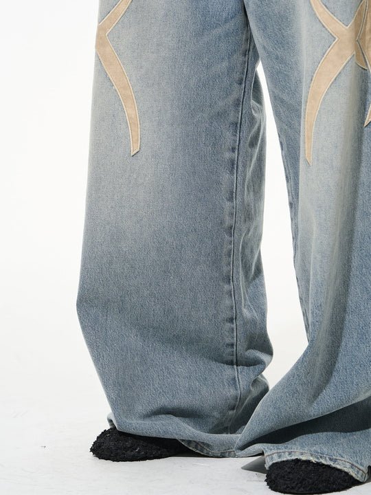 BLIND NO PLAN Graphic Logo Leather-Embroidered Washed Baggy Jeans | Face 3 Face