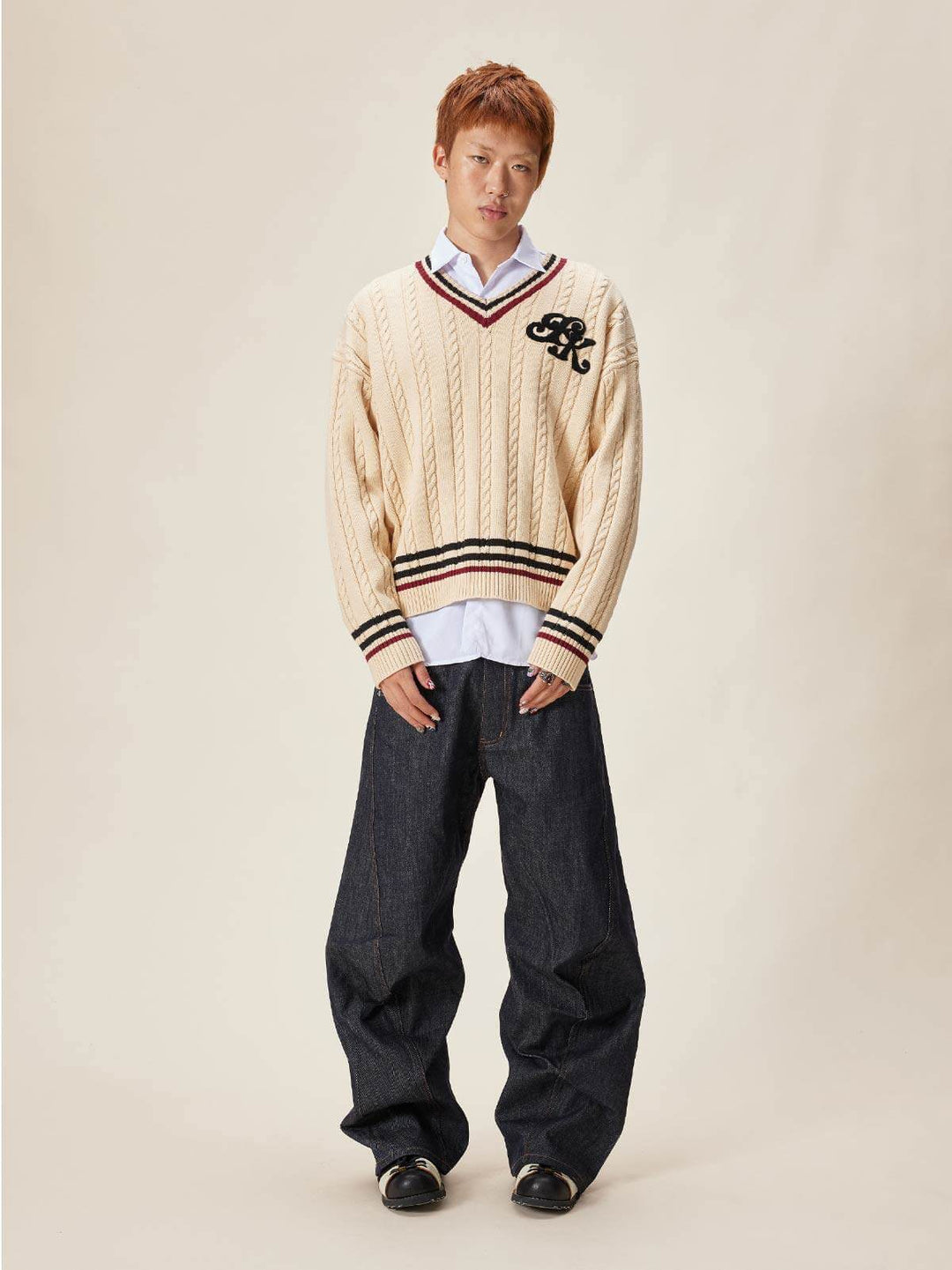 EVILKNIGHT(EK) Logo Cable Knit V Neck Sweater | Face 3 Face