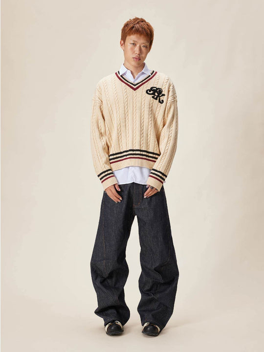 EVILKNIGHT(EK) Logo Cable Knit V Neck Sweater | Face 3 Face