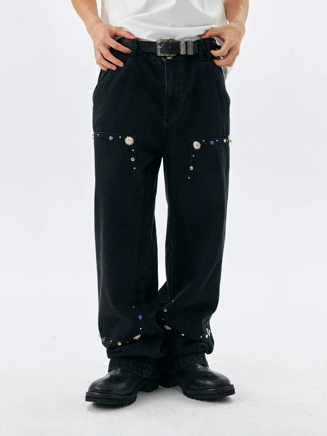 MEDM Gemstone Studded Double Knee Washed Jeans | Face 3 Face