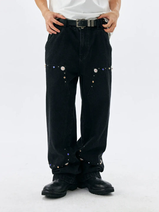 MEDM Gemstone Studded Double Knee Washed Jeans | Face 3 Face