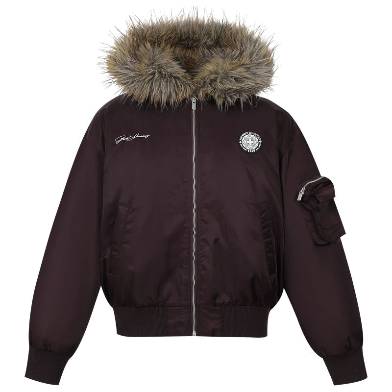 MEDM Silicone Logo Patch Fur Hooded Bomber Jacket | Face 3 Face