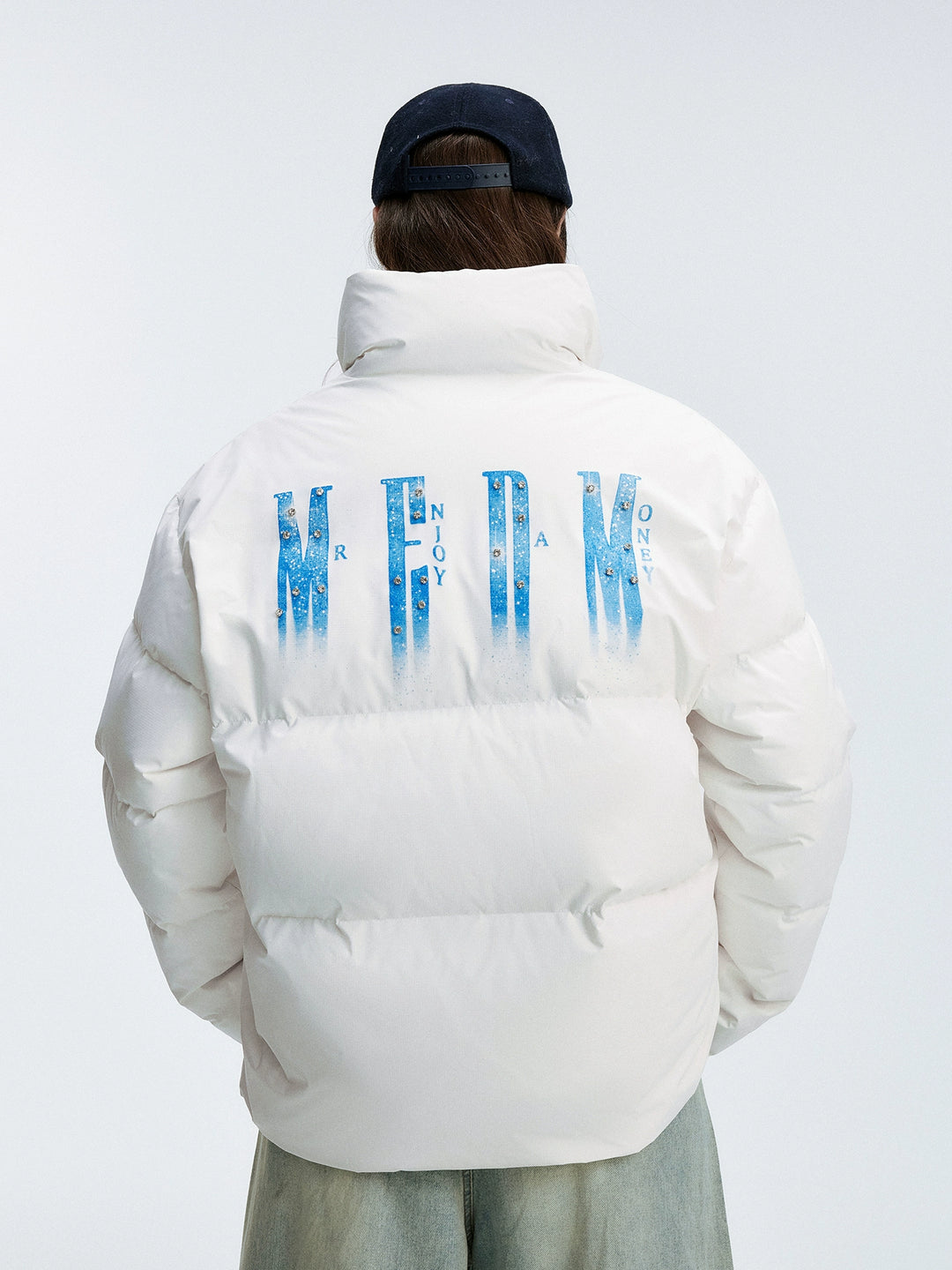 MEDM Rhinestone Studded Logo Down Jacket | Face 3 Face