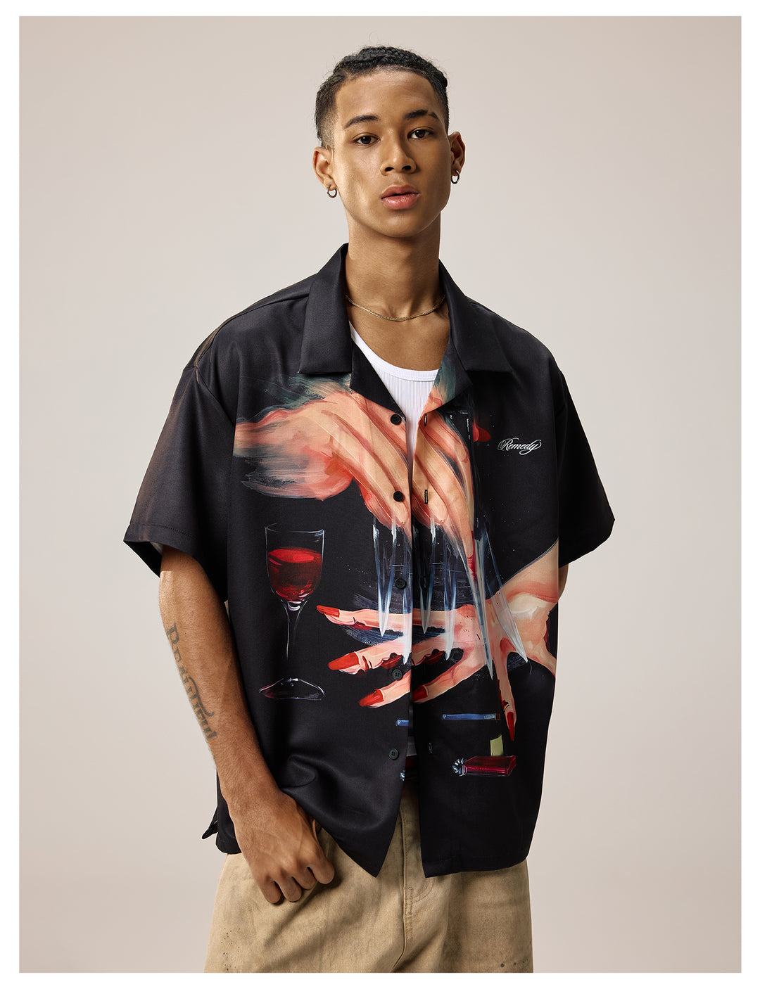 Remedy Finger and Wine Glass Full Print Short Sleeve Cuban Shirt | Face 3 Face