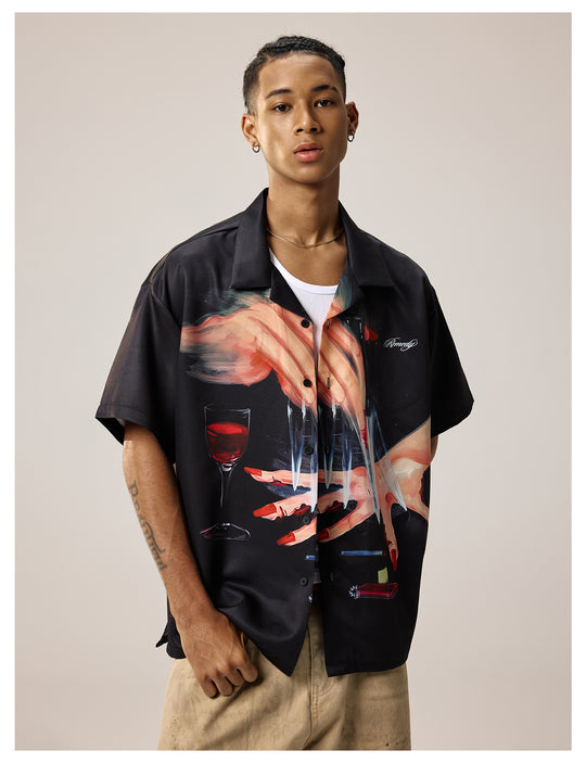 Remedy Finger and Wine Glass Full Print Short Sleeve Cuban Shirt | Face 3 Face