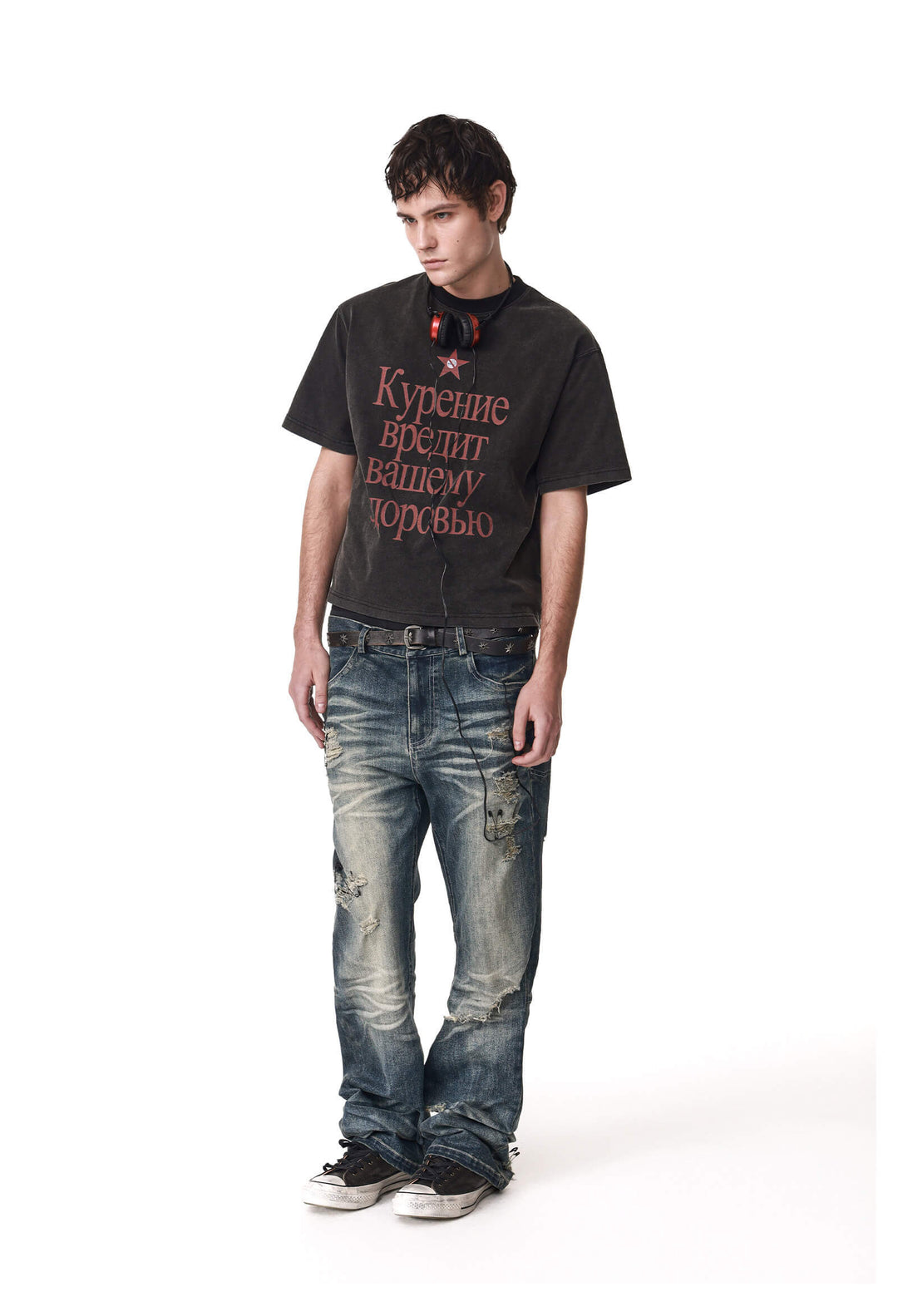 ANTIDOTE Cyrillic Letter Print Washed Short Sleeve Tee | Face 3 Face