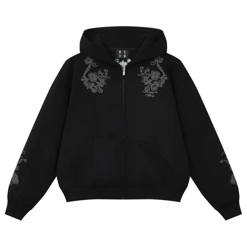 MEDM Patterned Flower Embroidered Zip Up Hoodie | Face 3 Face