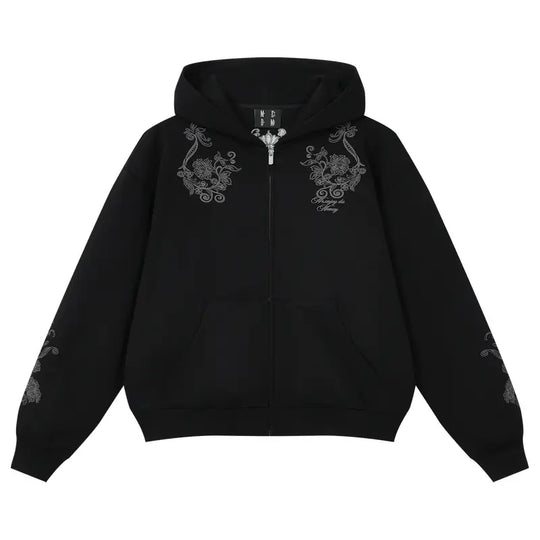 MEDM Patterned Flower Embroidered Zip Up Hoodie | Face 3 Face