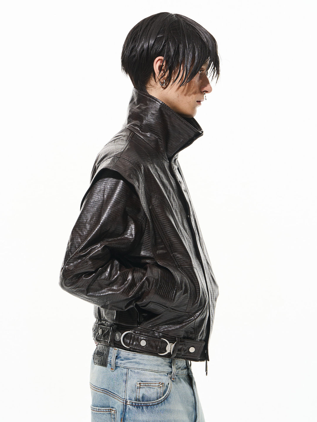 BLIND NO PLAN Crocodile Pattern Metal Belt Faux Leather Jacket | Face 3 Face