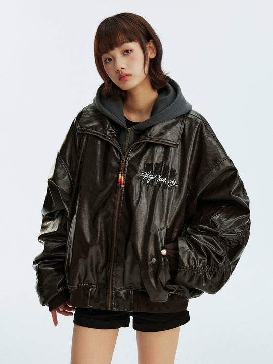 MEDM Layered Hood PU Leather Bomber Jacket | Face 3 Face