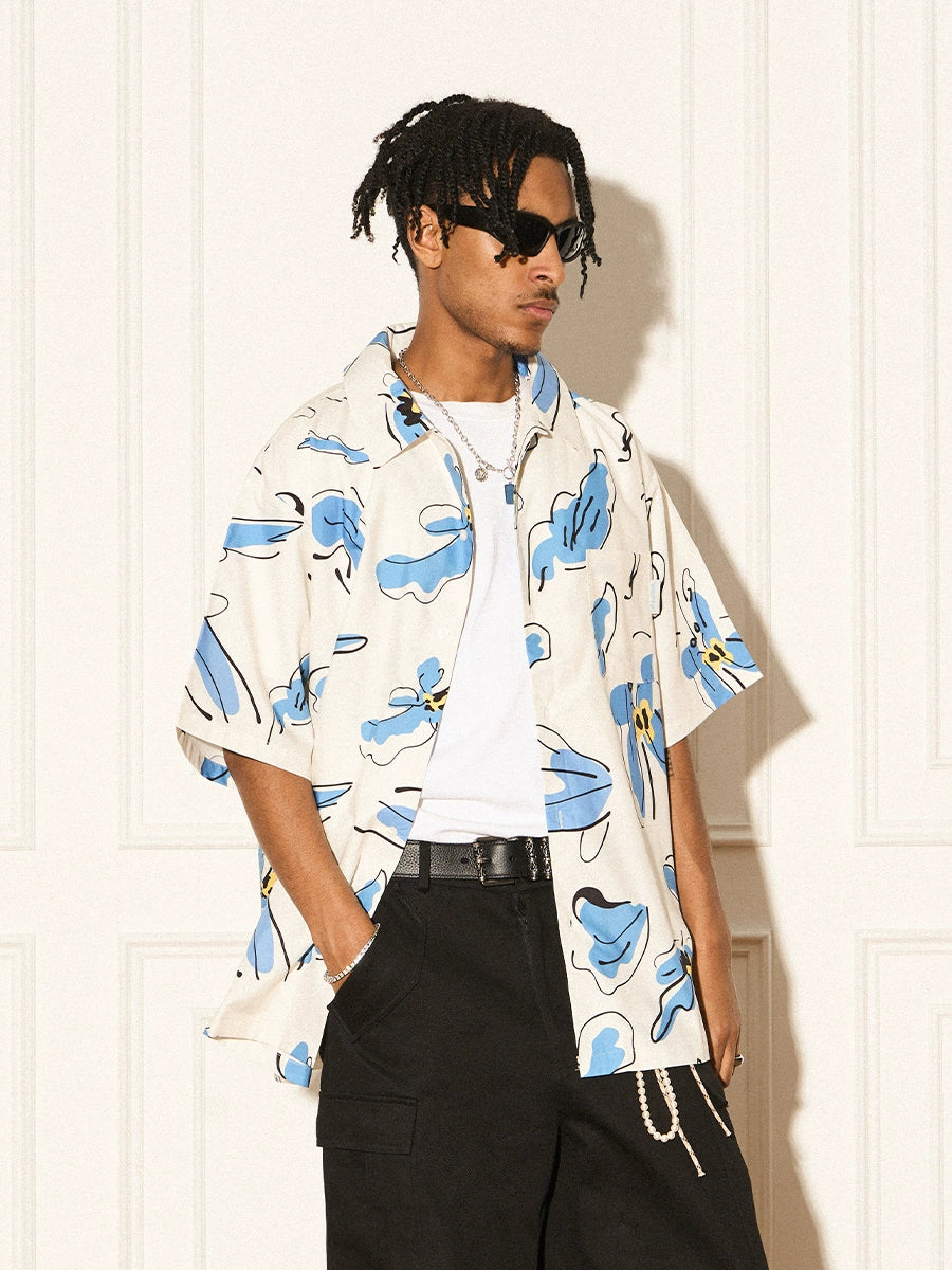 EMPTY REFERENCE White Blue Flower Short Sleeve Shirt