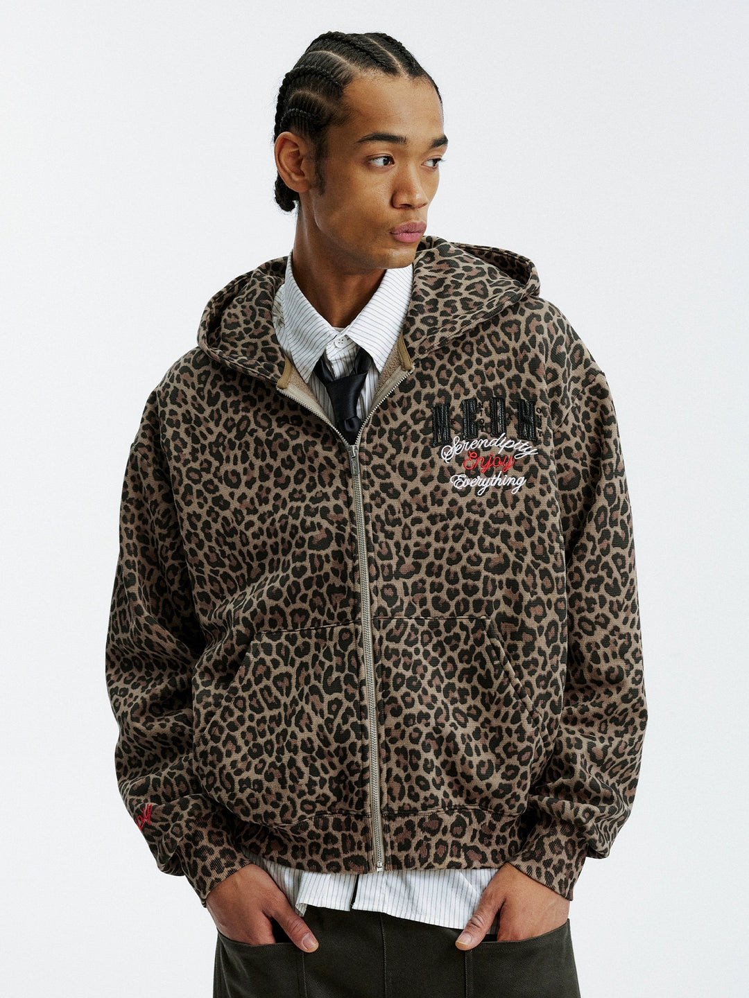 MEDM Embroidered Leopard Zip Up Hooded Jacket | Face 3 Face