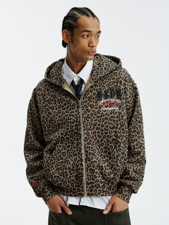 MEDM Embroidered Leopard Zip Up Hooded Jacket | Face 3 Face