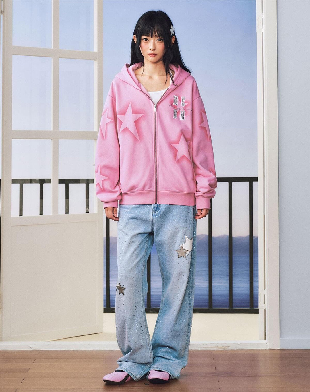 MEDM Spray Star Print Rhinestone Logo Zip Up Hoodie | Face 3 Face