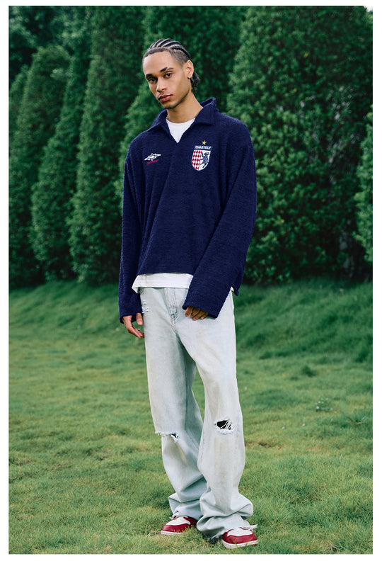 Remedy Number Patch Embroidered Polo Knit Sweater | Face 3 Face