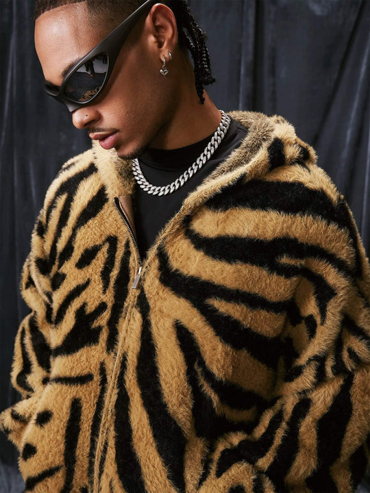 1807 Tiger Striped Faux Mink Fur Knit Zip Up Hoodie | Face 3 Face
