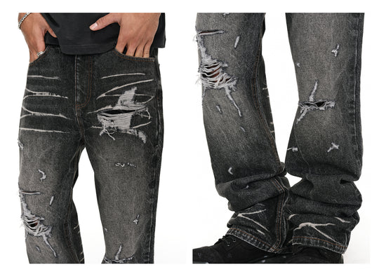 ANTIDOTE Irregular Torn Hole Washed Flared Jeans | Face 3 Face