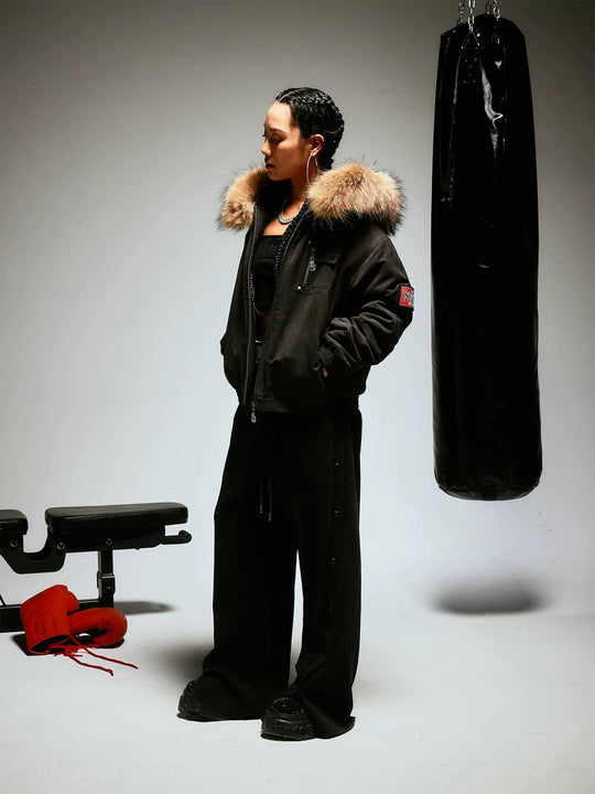 1807 Faux Fur Hood Trim Bomber Jacket | Face 3 Face