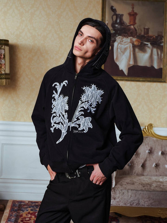 YADcrew Floral Lace Pearl Embellished Zip Up Hoodie | Face 3 Face