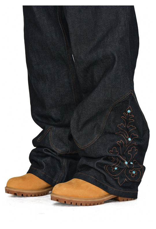 ANTIDOTE Turquoise Studded Embroidered Western Jeans | Face 3 Face