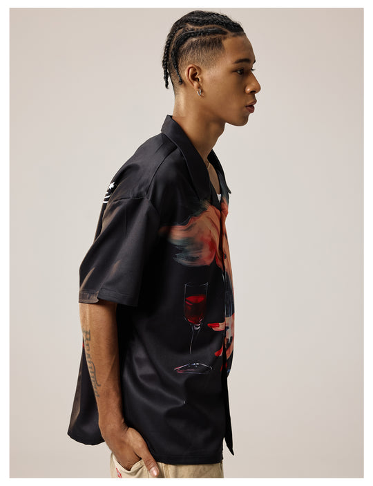 Remedy Finger and Wine Glass Full Print Short Sleeve Cuban Shirt | Face 3 Face