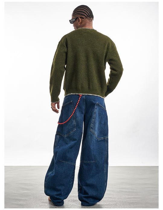 F3F Select White Stitching Henley Neck Knit Sweater | Face 3 Face