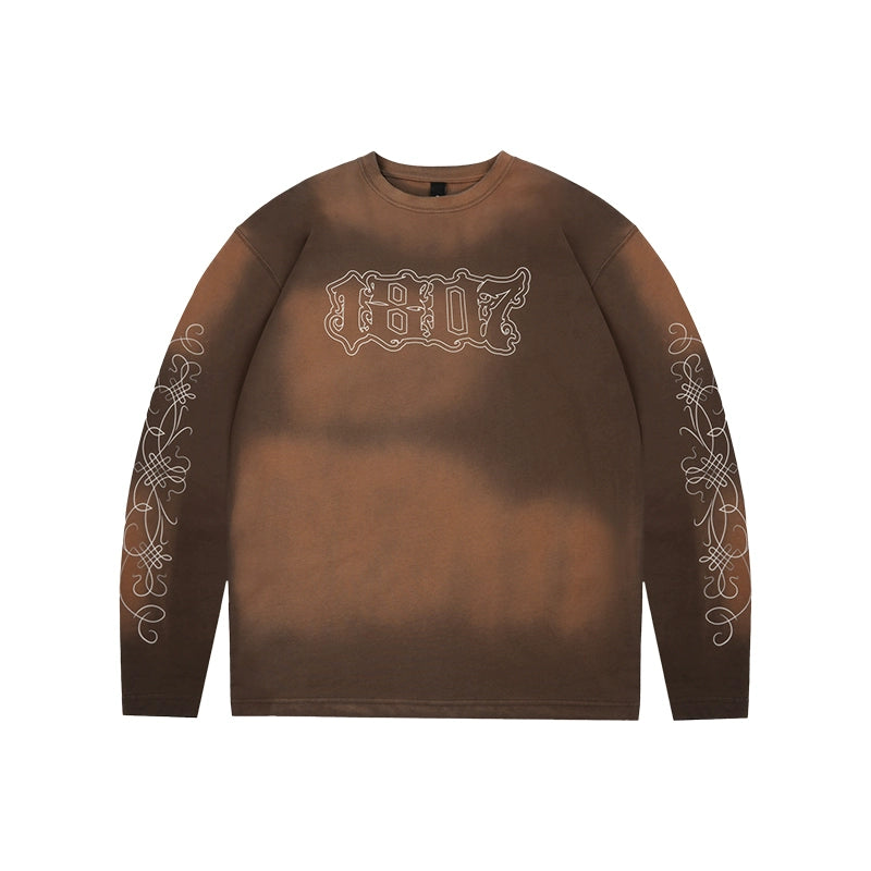 1807 Floral Font Printed Distressed Long Sleeve Tee  | Face 3 Face