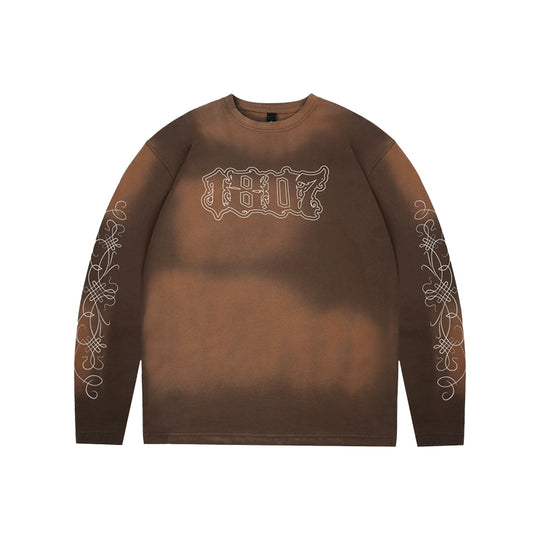 1807 Floral Font Printed Distressed Long Sleeve Tee  | Face 3 Face