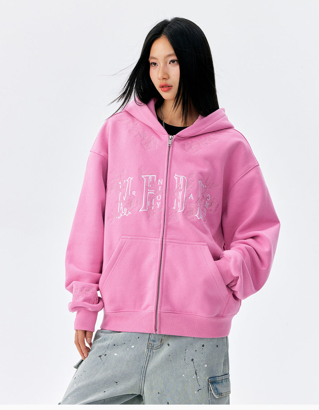 MEDM Flower Embroidered Zip Up Hoodie | Face 3 Face