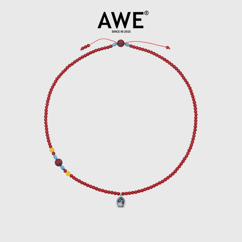 AWE Copper Box Pendant Red Beaded Necklace | Face 3 Face