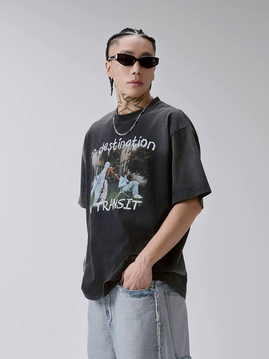 F2CE Vintage Photo Print Washed Distressed Short Sleeve Tee | Face 3 Face