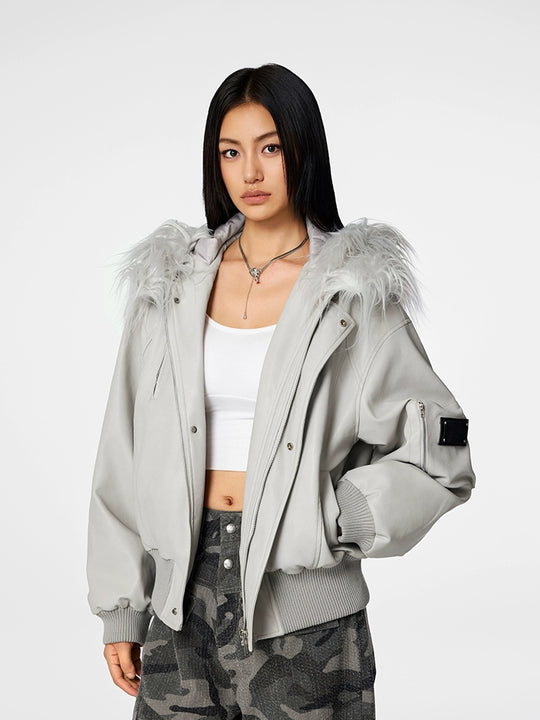 Bomber Jacket | Achock Fur Hooded Leather Bomber Jacket | Face 3 Face