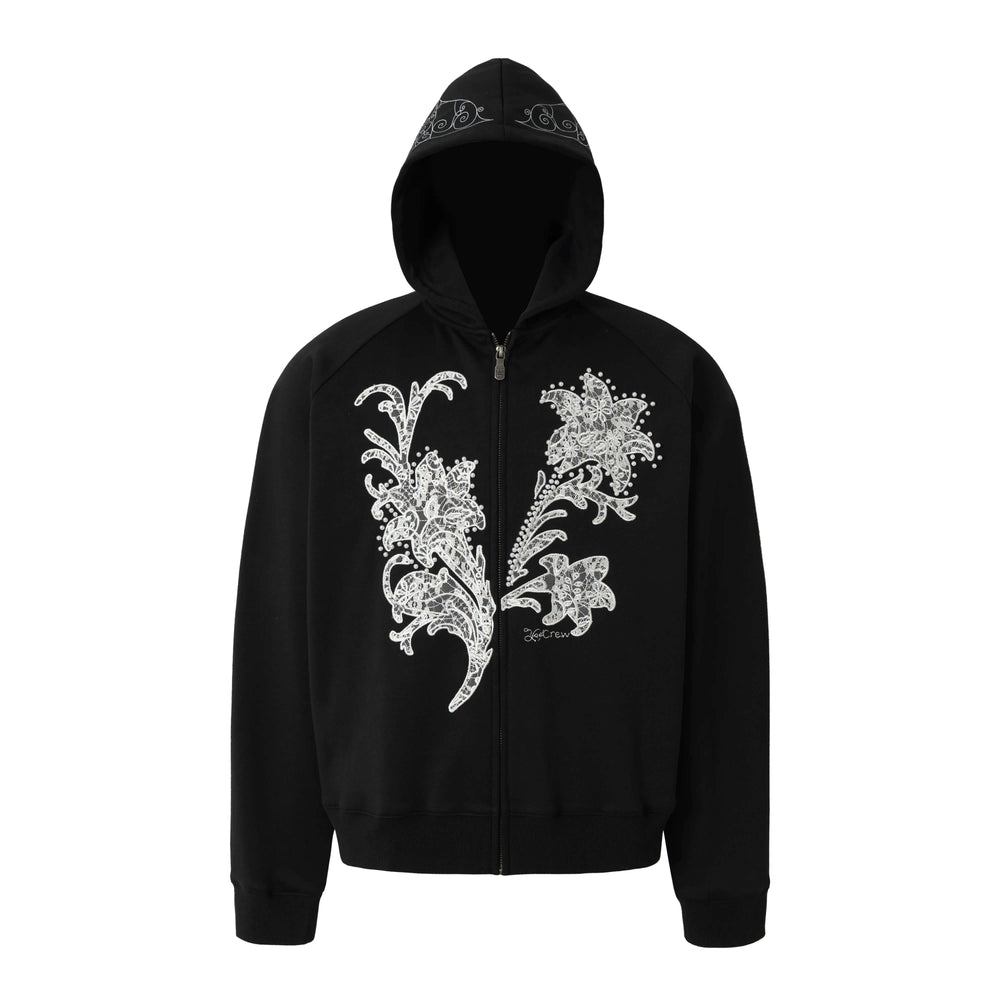 YADcrew Floral Lace Pearl Embellished Zip Up Hoodie | Face 3 Face