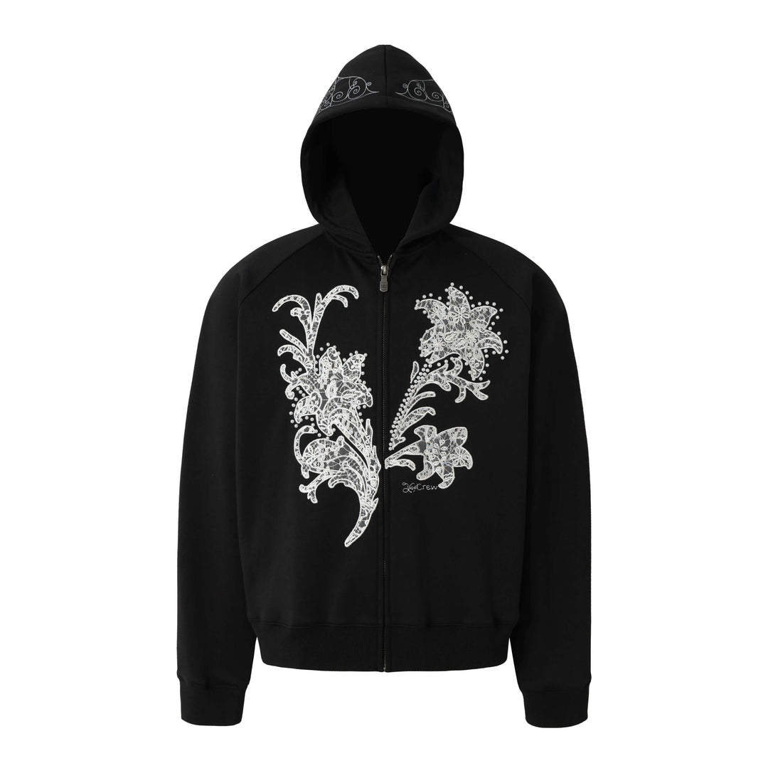 YADcrew Floral Lace Pearl Embellished Zip Up Hoodie | Face 3 Face