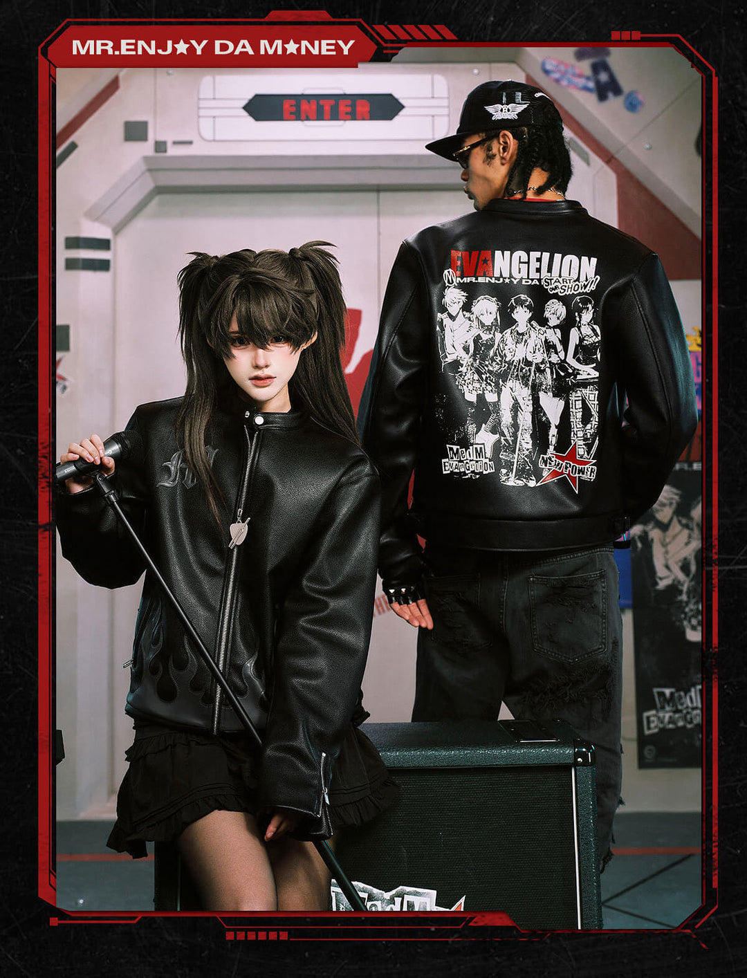 MEDM x EVA NEVER END Flame Character Portraits PU Leather Biker Jacket | Face 3 Face