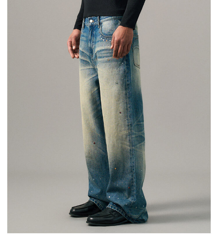 S45 Gemstone and Rhinestone Studded Washed Jeans | Face 3 Face