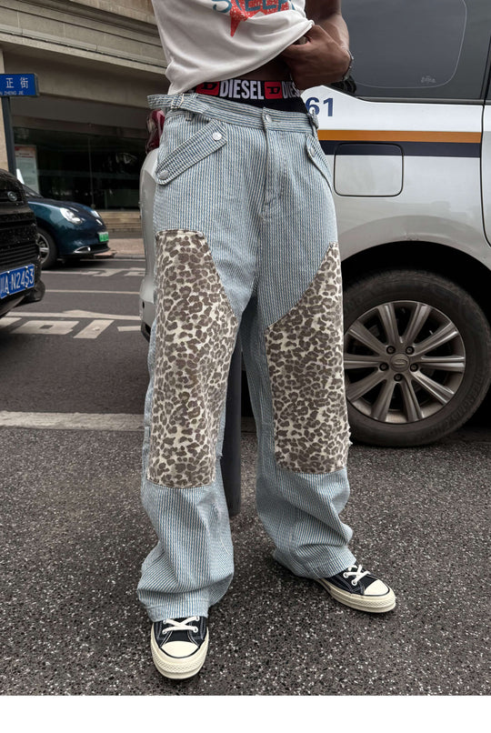 STEEPC Leopard Print Double Knee Hickory Stripe Baggy Pants | Face 3 Face
