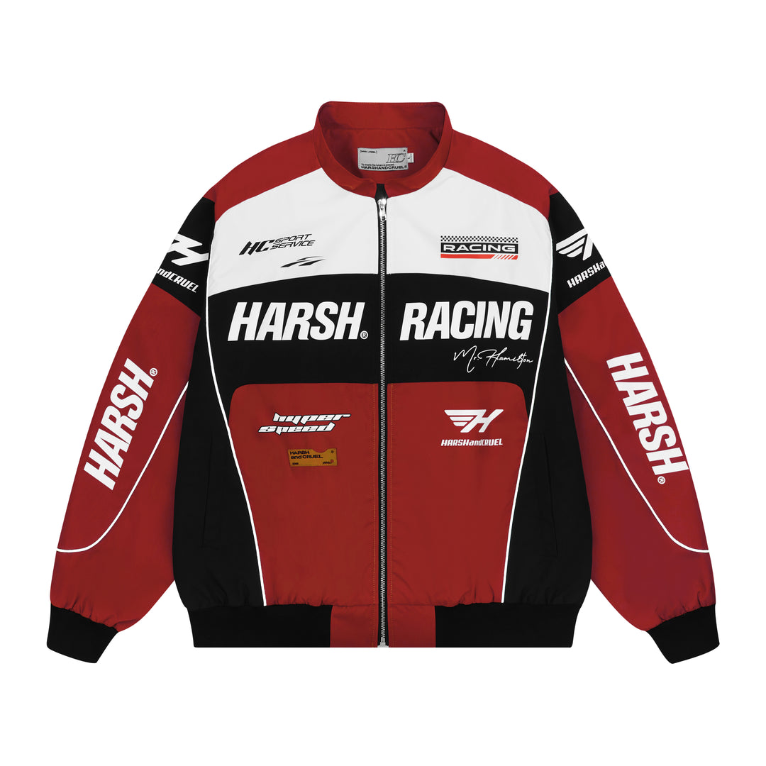 Harsh and Cruel Retro Motorcycle Racing Logo Jacket - This stylish jacket evokes the nostalgic atmosphere and powerful design of classic motorcycle racing. With high-quality materials and a bold logo print, it's a striking statement piece that seamlessly integrates into a street-style wardrobe. Versatile for spring and fall layering, this jacket captures the energy of the racetrack.