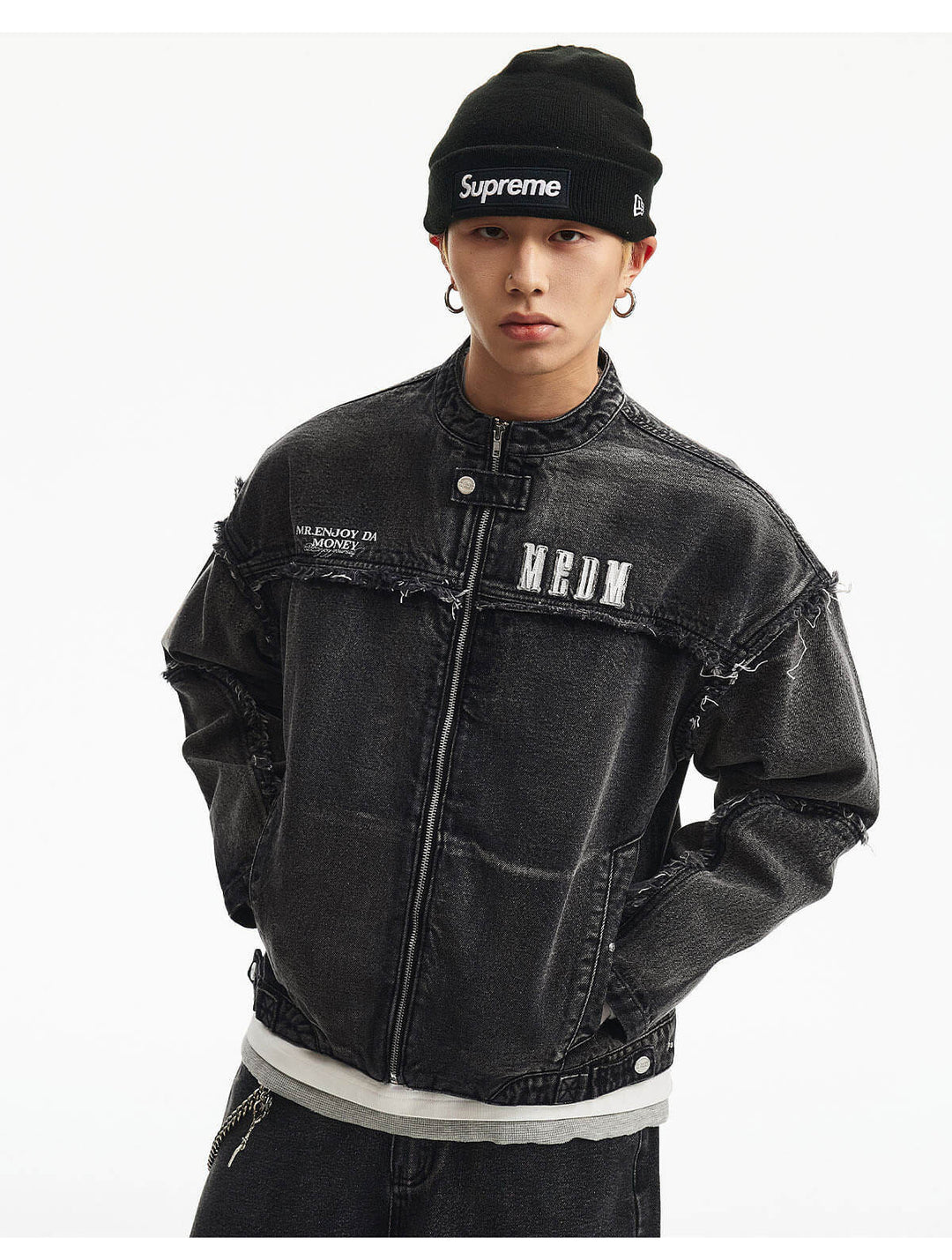 MEDM Washed Distressed Frayed Patchwork Denim Jacket | Face 3 Face
