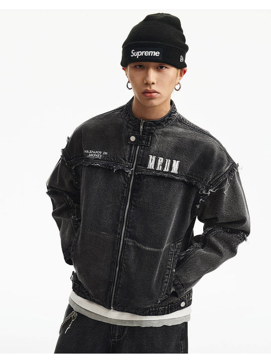 MEDM Washed Distressed Frayed Patchwork Denim Jacket | Face 3 Face