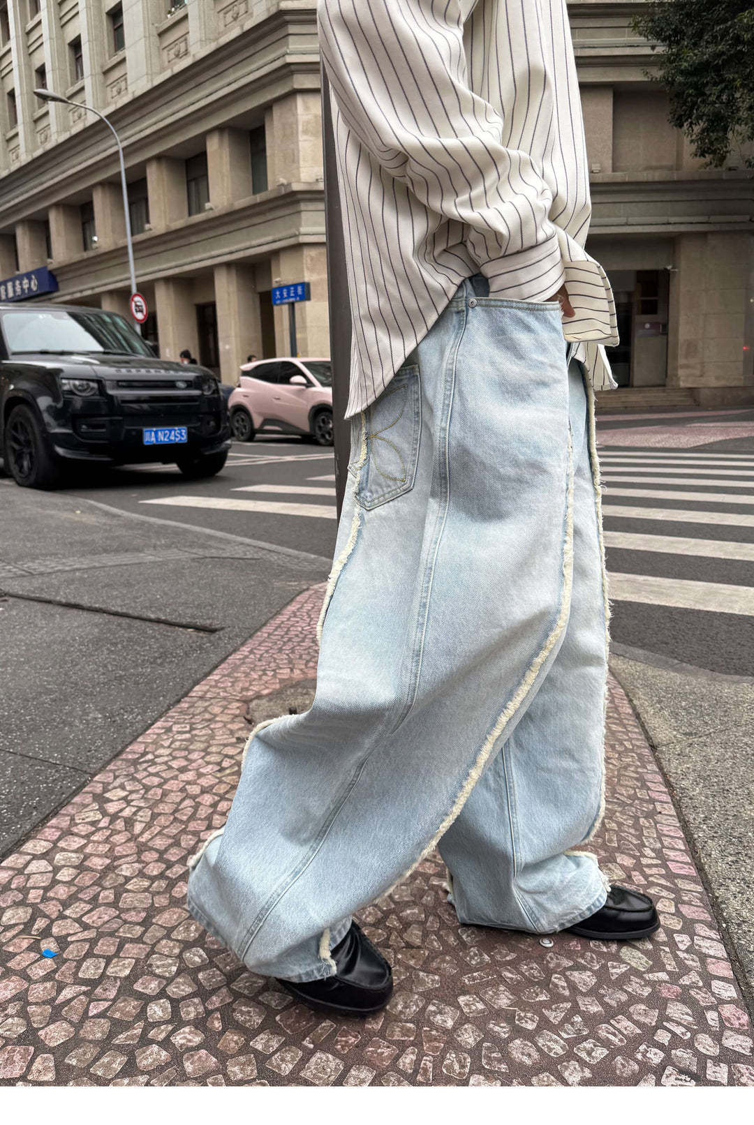 STEEPC Ice Blue Washed Frayed Center Seam Baggy Jeans | Face 3 Face