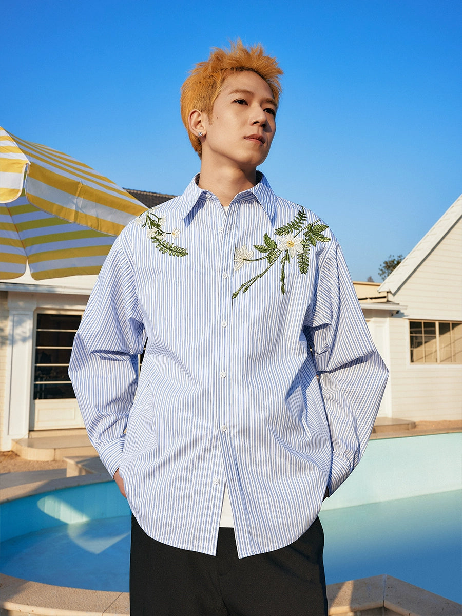 Harsh and Cruel Striped Floral Embroidered Long Sleeve Shirt | Face 3 Face