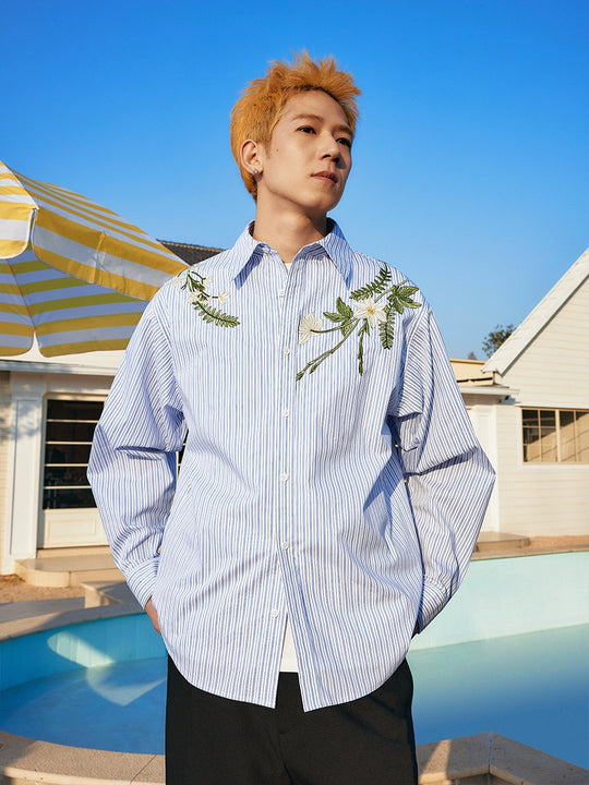 Harsh and Cruel Striped Floral Embroidered Long Sleeve Shirt | Face 3 Face