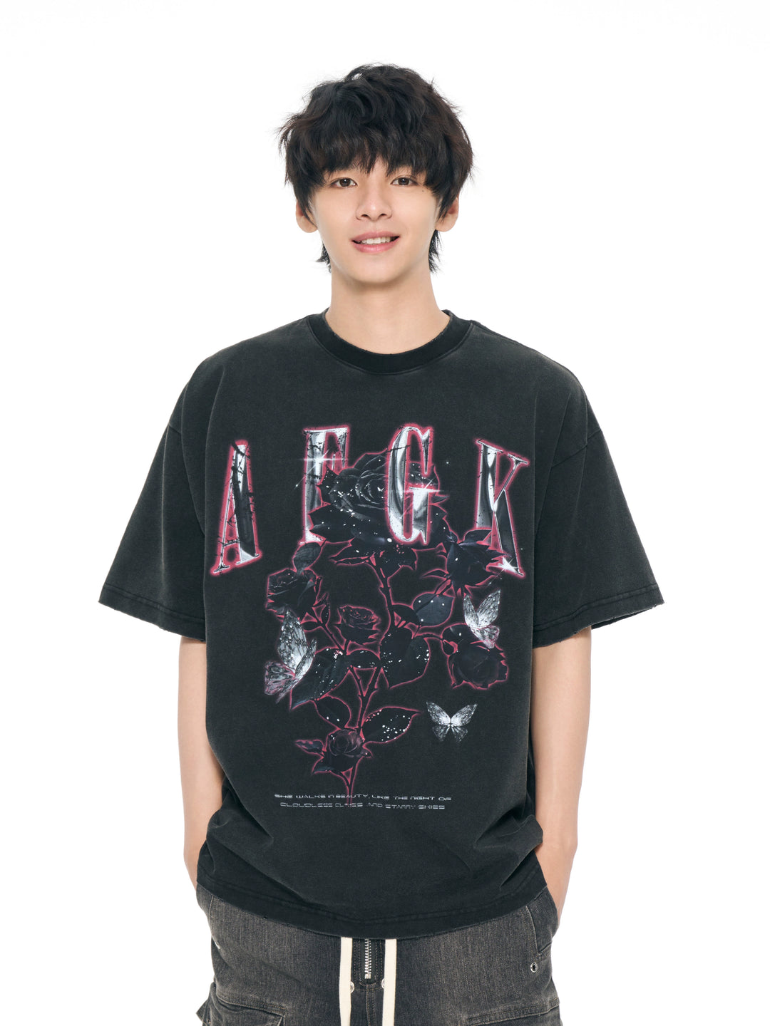AFGK Metal Rose Print Distressed Washed Tee | Face 3 Face