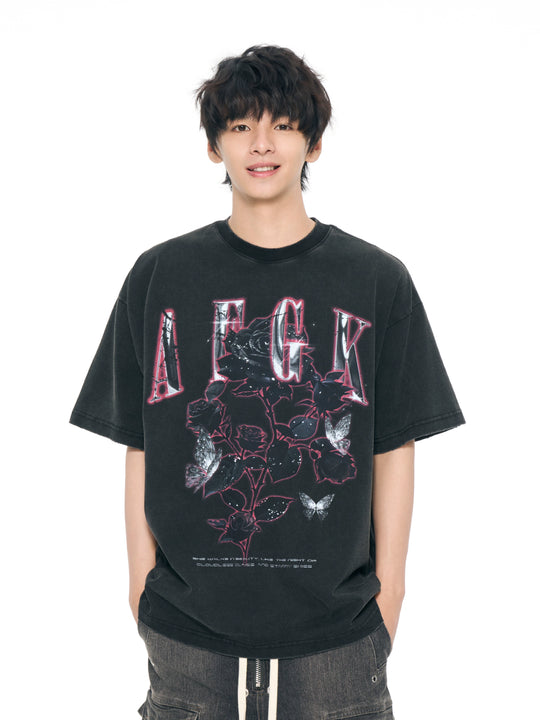 AFGK Metal Rose Print Distressed Washed Tee | Face 3 Face
