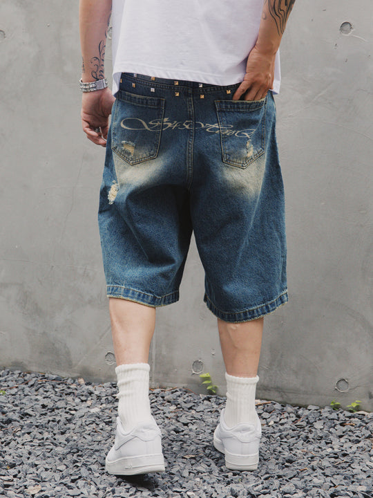 S45 Digital Printed Rivets Ruined Washed Denim Shorts | Face 3 Face